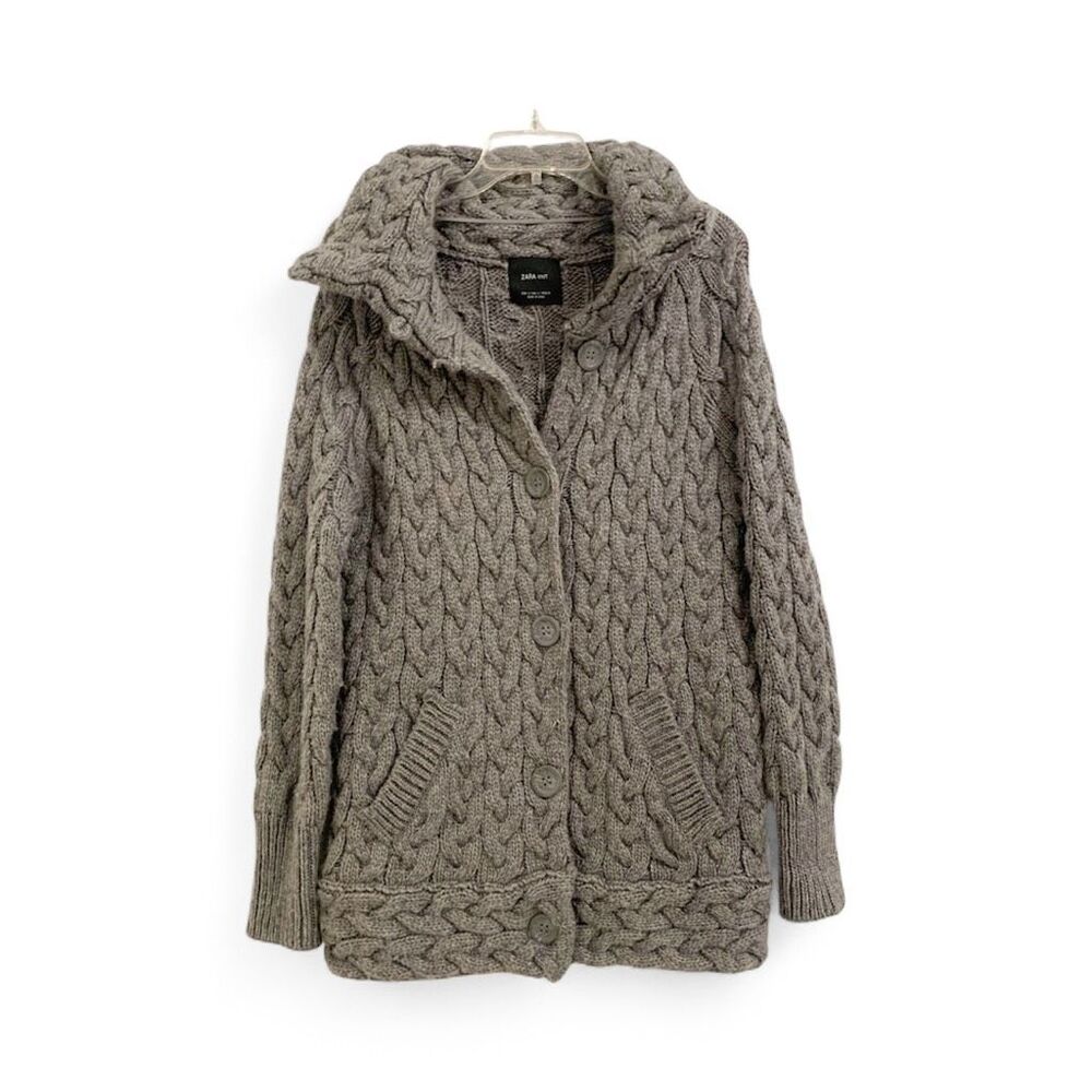 ZARA Chunky fisherman cable knit collared sweater cardigan wool pocket gray Sz S